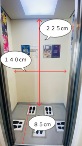 エレベーターの中を前からみたところ　赤い両矢印にふきだしでエレベーター内部のサイズが示されている