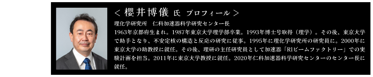 プロフィール 櫻井博儀 理化学研究所　仁科加速器科学研究センター長 1963年京都府生まれ。1987年東京大学理学部卒業。1993年博士号取得（理学）。その後、東京大学で助手となり、不安定核の構造と反応の研究に従事。1995年に理化学研究所の研究員に。2000年に東京大学の助教授に就任。その後、理研の主任研究員として加速器「Rlビームファクトリー」での実験計画を担当。2011年に東京大学教授に就任。2020年仁科加速器科学研究センターのセンター長に就任。 