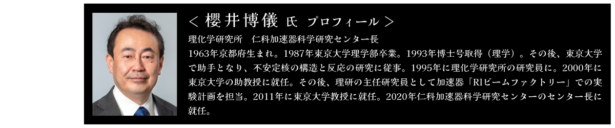 プロフィール 櫻井博儀 理化学研究所 仁科加速器科学研究センター長 1963年京都府生まれ。1987年東京大学理学部卒業。1993年博士号取得(理学)。その後、東京大学で助手となり、不安定核の構造と反応の研究に従事。1995年に理化学研究所の研究員に。2000年に東京大学の助教授に就任。その後、理研の主任研究員として加速器「Rlビームファクトリー」での実験計画を担当。2011年に東京大学教授に就任。2020年仁科加速器科学研究センターのセンター長に就任。