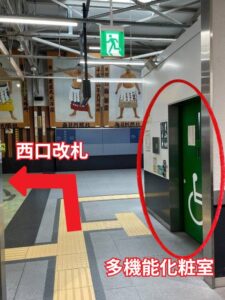 りょうごくえきこうないのしゃしんです しょうめんにもと横づなの大きなぱねる、みぎてにたきのうといれがあり、たきのうといれがあかいまるでかこまれています ひだりにまがる赤いやじるしがかかれていて、そのうえににしぐちかいさつと書かれています