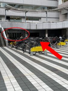 シアターカイのちゅうりんじょうの写真です たくさんの自転車がならべられており、そのおくにげきじょうのいりぐちがみえます